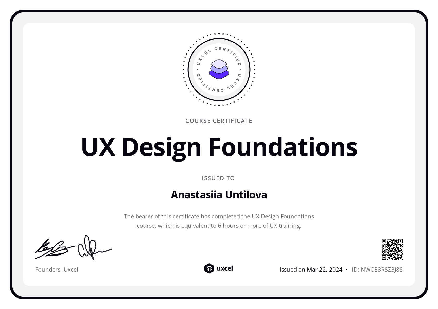 Anastasiia Untilova's certificate